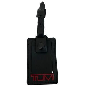 Classic Tumi Black Red Logo Leather Luggage Bag ID Tag 4" x 2.5"